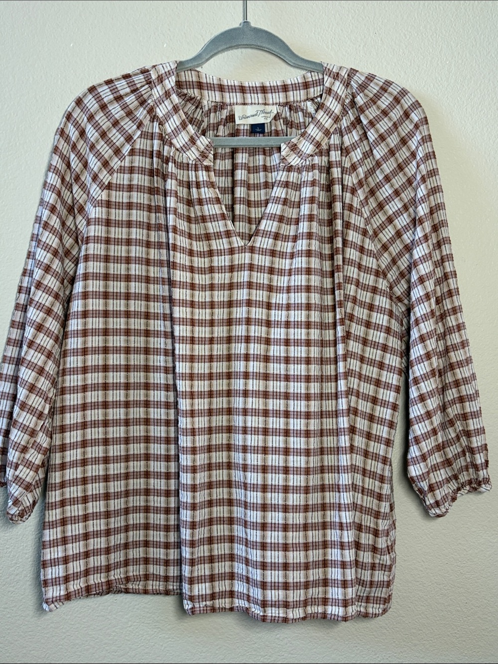 Universal Thread Brown and White Plaid Peasant Tunic